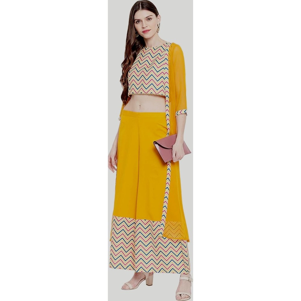 Indian Women's Yellow Poly Crepe Crop Top with Palazzo and Jacket